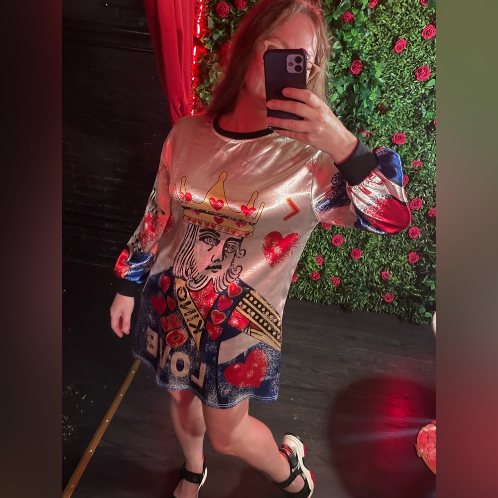 Anthropologie King Of Hearts Card Games Satin Shimmer Mini Dress Long Sleeves - Picture 9 of 14